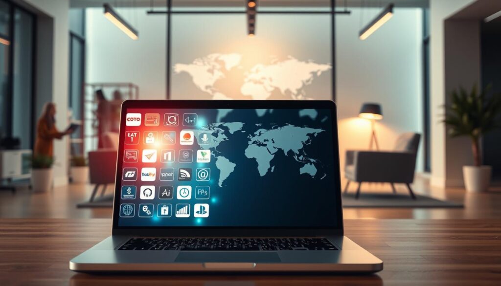 A dynamic, digital affiliate marketing landscape comes to life. In the foreground, a vibrant laptop display showcases an array of affiliate program offerings, each icon pulsing with potential. The middle ground features a stylized world map, highlighting the global reach of affiliate networks. In the background, a sleek, modern office environment sets the stage, with minimalist furniture and warm, focused lighting creating an atmosphere of productivity and professionalism. The overall scene conveys the power and potential of leveraging affiliate monetization strategies within a modern, technology-driven blogging platform like Blogify.