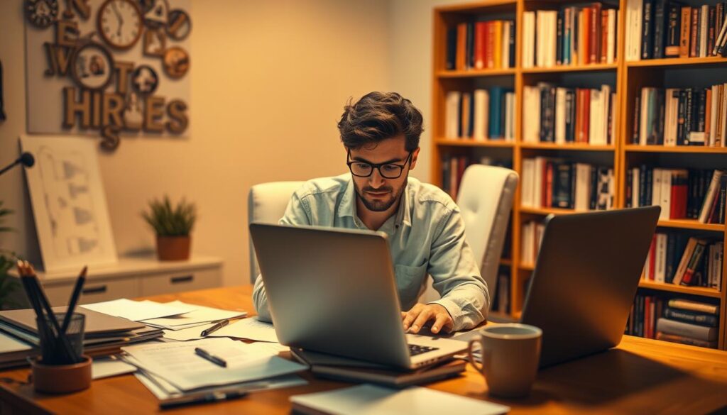 A person sitting at a desk, intently focused on a laptop screen, their expression one of deep contemplation. The desktop is cluttered with papers, pens, and a cup of coffee, creating a sense of a busy, creative workspace. Warm, ambient lighting casts a soft glow, adding to the sense of concentration and inspiration. In the background, a bookshelf filled with volumes on writing, marketing, and technology hints at the subject's expertise. The overall scene conveys the idea of an AI-powered blog writer, effortlessly crafting engaging content in a comfortable, well-appointed home office.