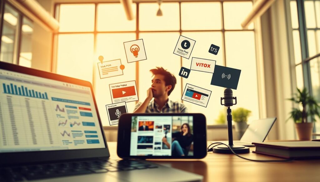 A vibrant, dynamic image of content repurposing. In the foreground, a laptop with an open spreadsheet, representing data analysis. Beside it, a smartphone capturing a social media post, symbolizing multi-channel distribution. The middle ground features a person in a thoughtful pose, surrounded by various content formats - a blog post, video thumbnail, and podcast artwork, conveying the act of ideation and curation. In the background, a modern office setting with floor-to-ceiling windows, allowing natural light to filter in, creating a sense of productivity and inspiration. The overall mood is one of efficiency, creativity, and a synergistic approach to content marketing.